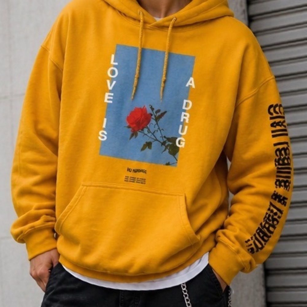 Civil Regime Love Is A Drug Rose Hoodie Mustard Yellow Graphic Sweatshirt Medium